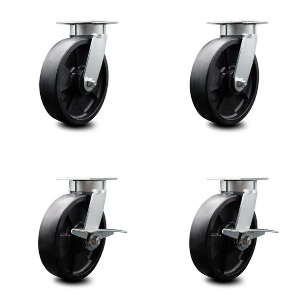 8 Inch Kingpinless Glass Filled Nylon Wheel Swivel Caster Set with 2 Brakes SCC